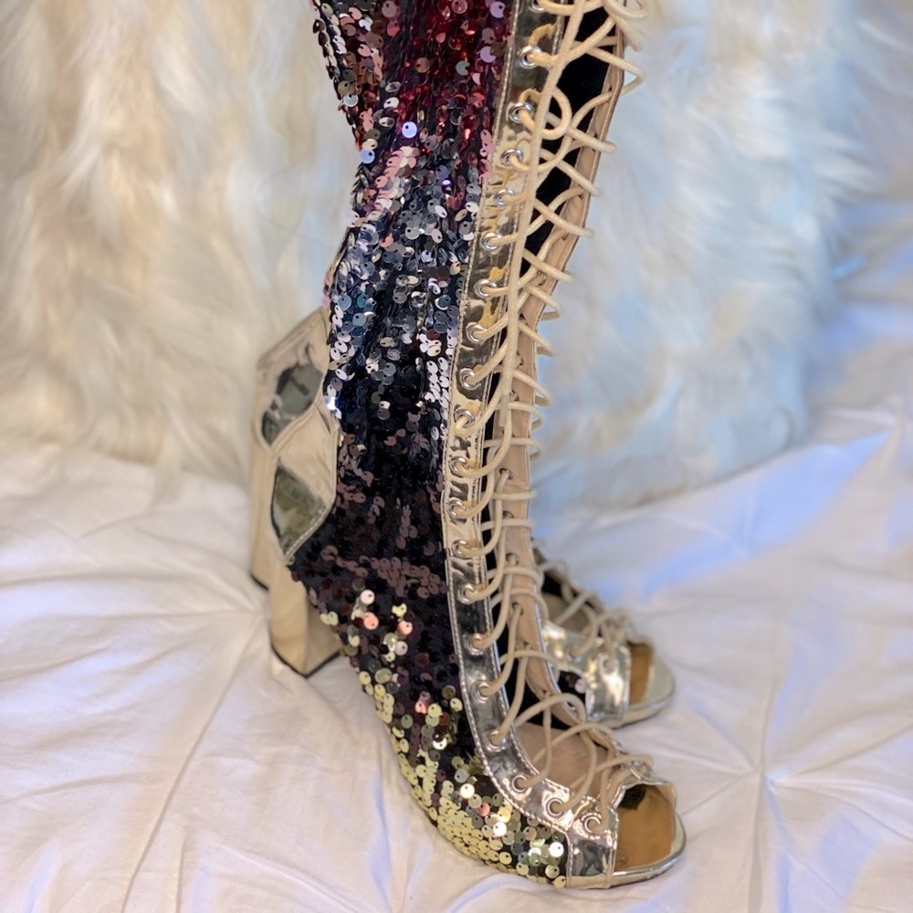 Sequin Open Toe Lace Up Thigh High Boots in Gold